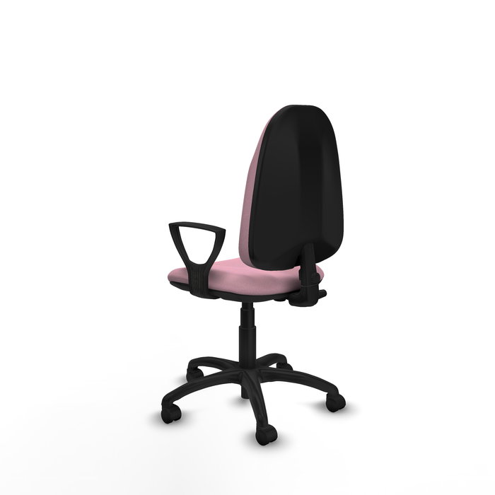 Silla de oficina Algarra con mecanismo Contacto permanente básico tapizada con Tela color Rosa. Equipada con Base poliamida negra, Brazos fijos y Ruedas de nailon 50 mm