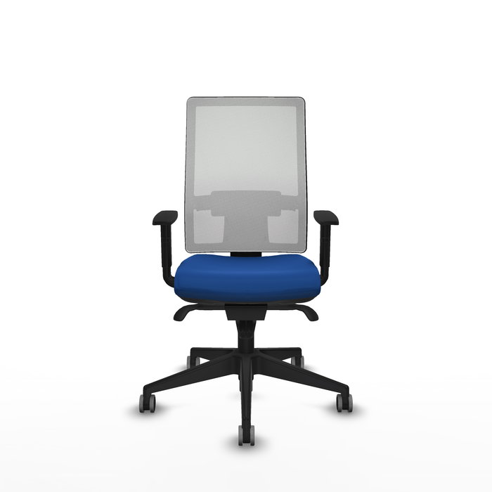 Silla de oficina Horna con mecanismo Sincro tapizada con Similpiel color Azul y malla color Blanco. Equipada con lumbar 1D, Brazos 1D y Ruedas 65 mm parqué