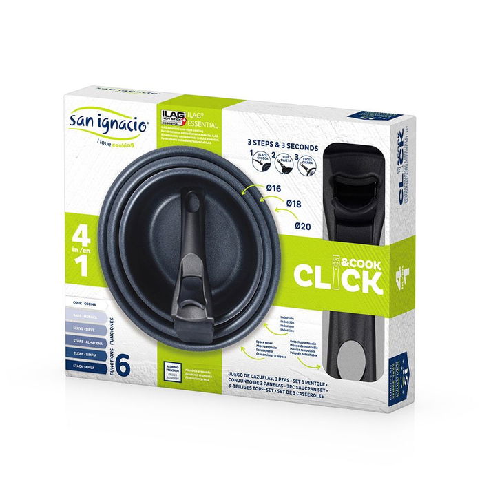 San Ignacio Set 3 Sartenes Click & Cook BG-31607-BK Ø18/Ø20/Ø24 cm Aluminio Prensado Mango Desmontable Apto Inducción Horno Lavavajillas Negro