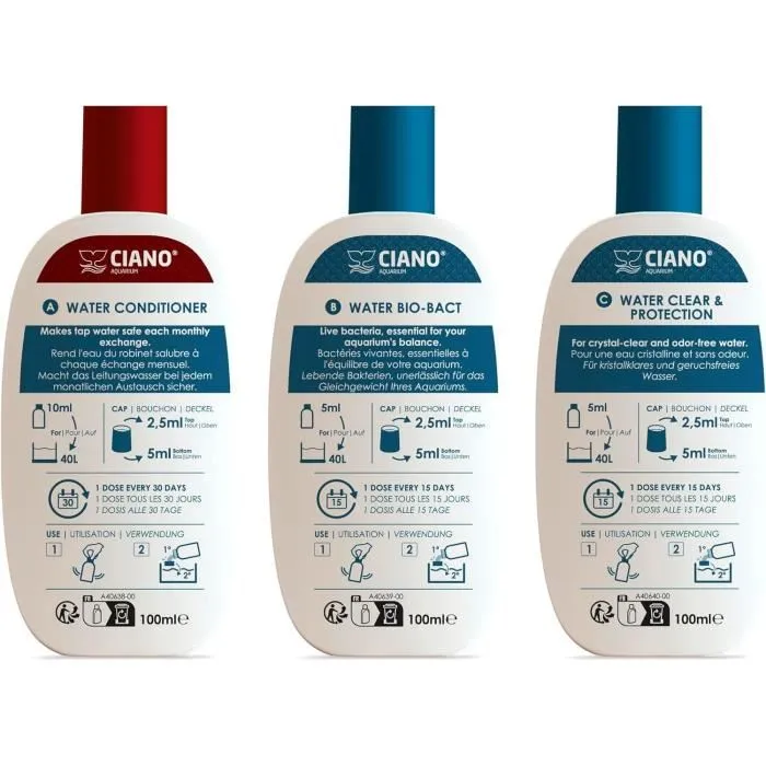 Ciano CIA5607390560791 Tratamiento para acuarios Pack 3 x 100 ml para el cuidado del agua - Agua cristalina, peces sanos, mantenimiento rápido