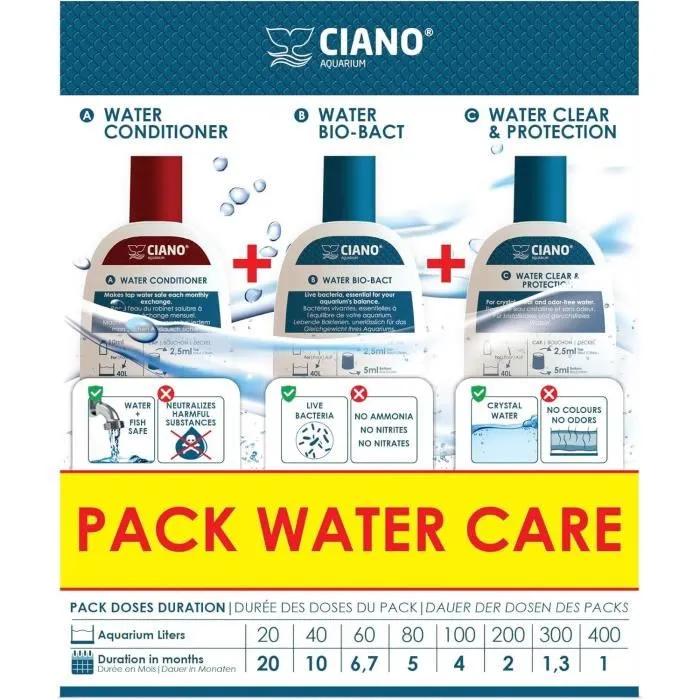 Ciano CIA5607390560791 Tratamiento para acuarios Pack 3 x 100 ml para el cuidado del agua - Agua cristalina, peces sanos, mantenimiento rápido
