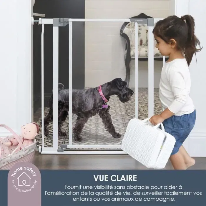 Dreambaby Puerta de seguridad DRE9312742493271 con panel transparente, retención y parte inferior anticaída - Blanca