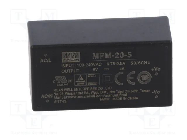 MEAN WELL MPM-20-5 Convertidor AC/DC 5V 4A 20W MEAN WELL MPM-20-5 Convertidor AC/DC 5V 4A 20W