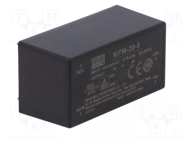 MEAN WELL MPM-20-5 Convertidor AC/DC 5V 4A 20W MEAN WELL MPM-20-5 Convertidor AC/DC 5V 4A 20W
