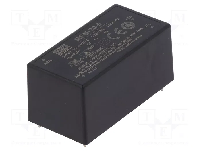 MEAN WELL MPM-20-5 Convertidor AC/DC 5V 4A 20W MEAN WELL MPM-20-5 Convertidor AC/DC 5V 4A 20W