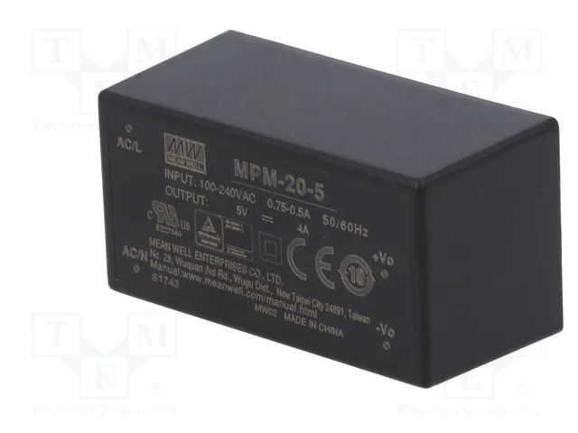 MEAN WELL MPM-20-5 Convertidor AC/DC 5V 4A 20W MEAN WELL MPM-20-5 Convertidor AC/DC 5V 4A 20W