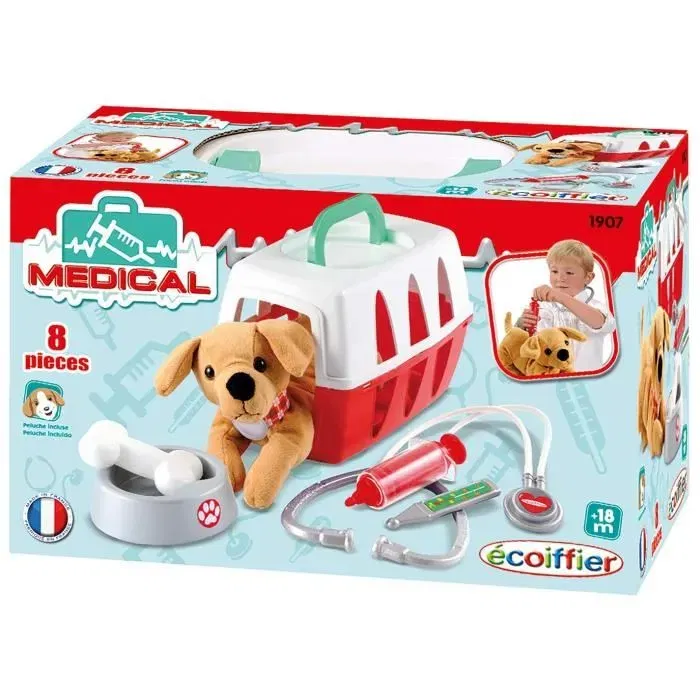 Ecoiffier Maleta Veterinaria 24 cm con Perrito de Peluche y Accesorios para Juego de Roles