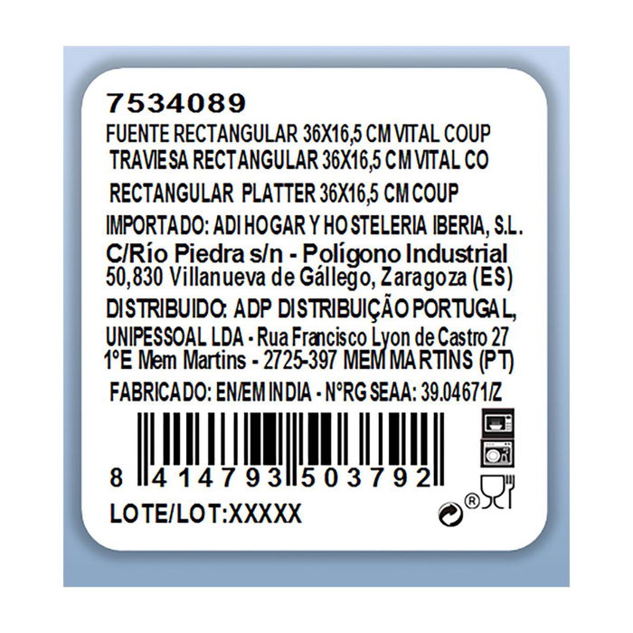 Fuente Rectangular Porcelana Vital Coupe Ariane 36x16,5 cm