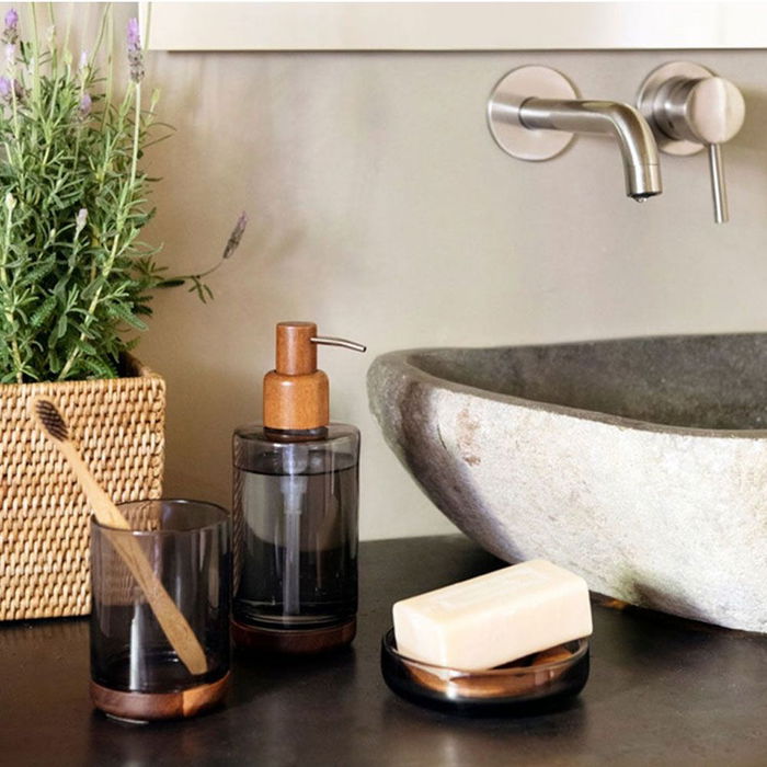 Andrea House Dispensador jabón cristal gris y acacia ba73074 Ø 7,5 x 10,5 cm Cristal / madera acacia