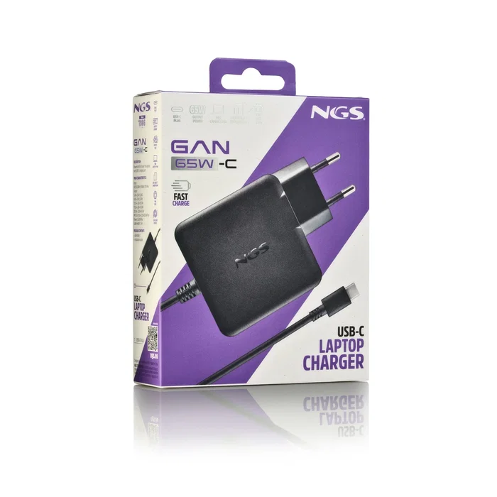 NGS GAN 65W-C Cargador de Pared USB-C 65W GaN para Portátil, Tablet y Smartphone con Cable 1.5m, PD3.0 y Voltaje Automático 5-20V (Negro, EU)
