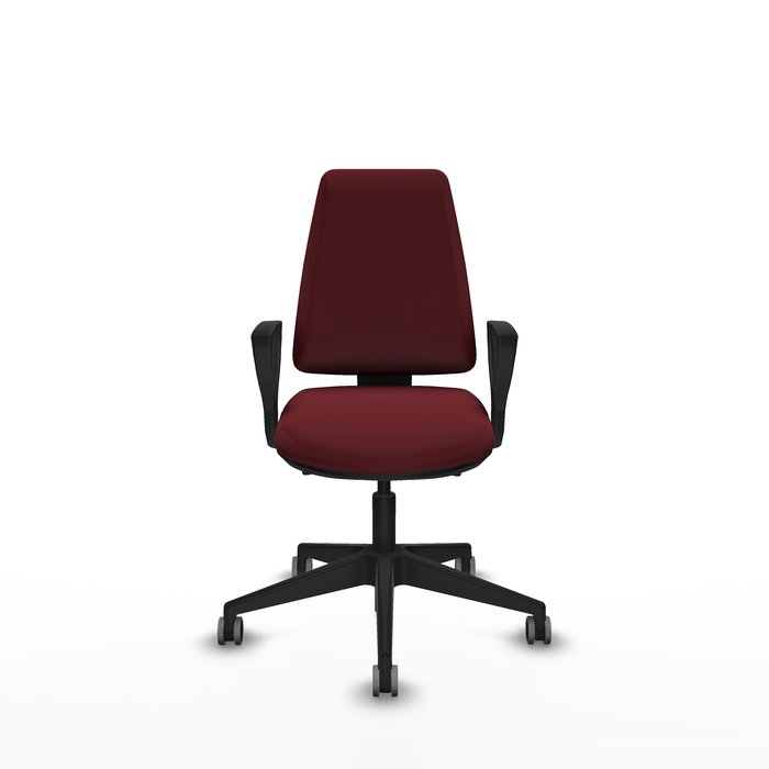 Silla de oficina Elche con mecanismo Asincro tapizada con Similpiel color Granate. Equipada con Base piramidal negra, Brazos fijos y Ruedas 65 mm parqué Silla de oficina Elche con mecanismo Asincro tapizada con Similpiel color Granate. Equipada con Base piramidal negra, Brazos fijos y Ruedas 65 mm parqué