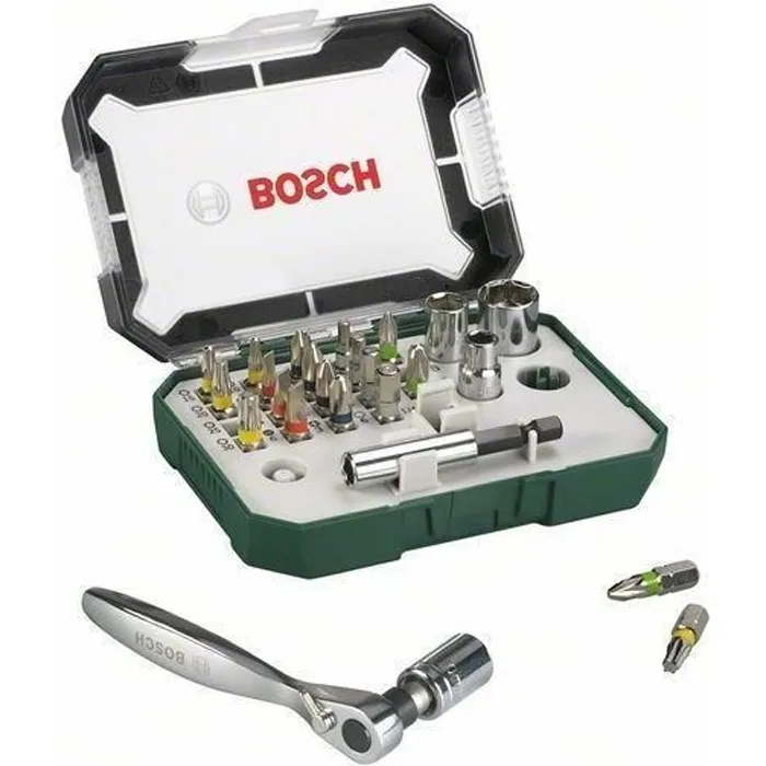 Bosch 26 piezas Juego de Tornillos con Trinquete, Puntas Destornillador Color Magnético Bosch 26 piezas Juego de Tornillos con Trinquete, Puntas Destornillador Color Magnético