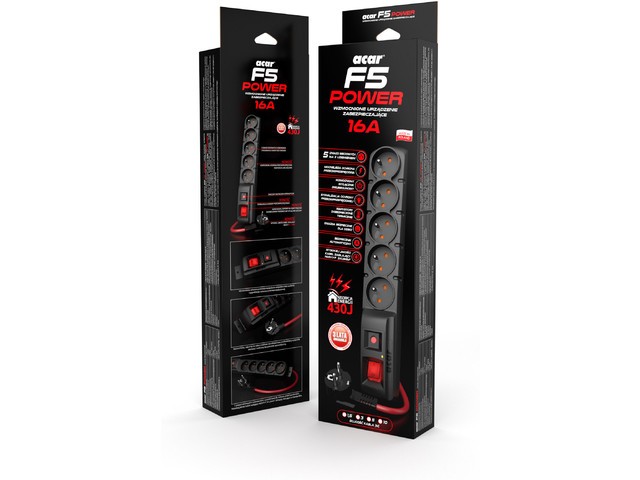 Acar F5 Power Regleta de 5 tomas, 3.0m, 16A, negro