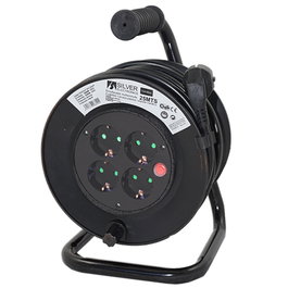 Silver Regleta de Sobremesa con Cable Enrollable 4 Tomas 15 Metros, Negro, 250V/16A, Protección Infantil y Sobrecalentamiento, GS VDE, 1.000W Enrollado / 3.000W Desenrollado