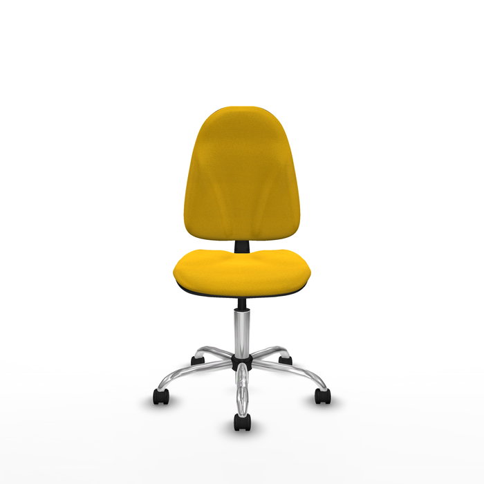 Silla de oficina Algarra con mecanismo Contacto permanente básico tapizada con Tela color Amarillo. Equipada con Base cromada, Sin brazos y Ruedas de nailon 50 mm Silla de oficina Algarra con mecanismo Contacto permanente básico tapizada con Tela color Amarillo. Equipada con Base cromada, Sin brazos y Ruedas de nailon 50 mm