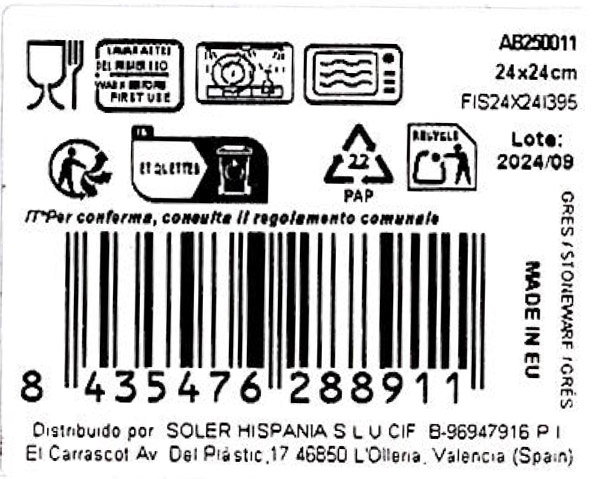 La Mediterranea Plato Llano 24 x 24 cm Albus Elite Brillo (6 Unidades)