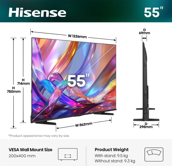 Hisense 55Q7S - Televisor 55" 4K Ultra HD QLED Smart TV con HDR10+, Dolby Vision IQ, HDMI 2.1, WiFi y Bluetooth - Negro