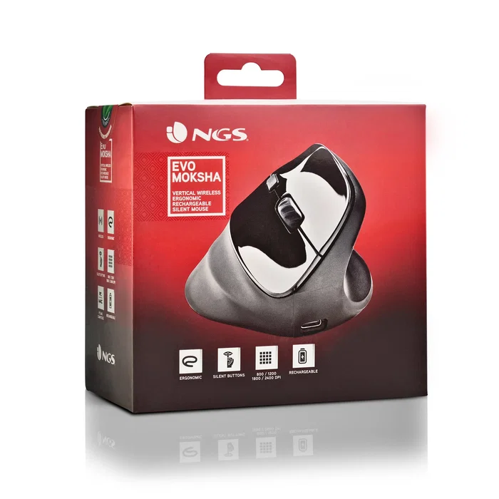NGS Ratón Ergonómico Vertical Inalámbrico EVO MOKSHA para Mano Derecha, Negro, Óptico 2400 DPI, Recargable USB-C, 5 Botones Silenciosos