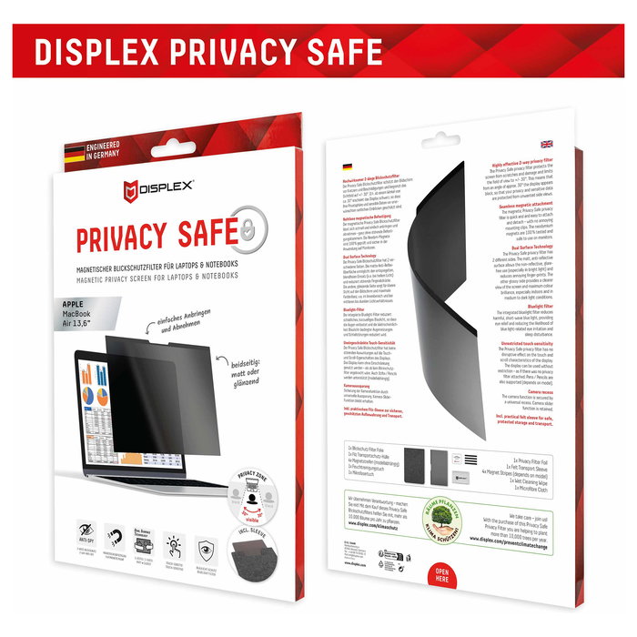 Displex Privacy Safe Filtro de Privacidad para MacBook Air 13,6", Anti-Reflejo, Filtro Luz Azul 98%, Magnético, Compatibilidad Apple