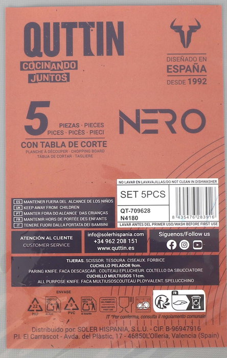 Inde Set/Conjunto de 5 piezas Cuchillos, Tijeras, Tabla de Cortar Nero (4 Cajas)
