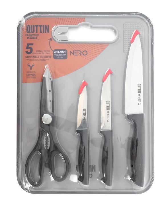 Inde Set/Conjunto de 5 piezas Cuchillos, Tijeras, Tabla de Cortar Nero (4 Cajas)
