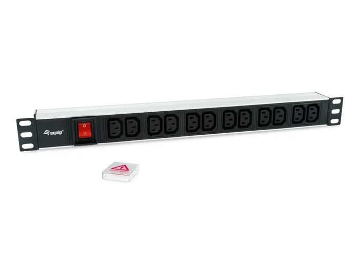Equip 333318 PDU Básico 1U Rack 19" Aluminio - 12 Tomas IEC C13 con Interruptor, Cable 1.8m, 2500W, 10A, Negro/Plata