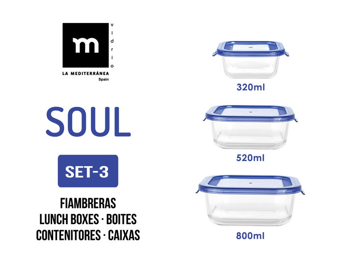 Inde Set 3 Fiambreras Cuadradas "Soul" Mediana, con capacidades de 320ml, 520ml y 800ml (8 Cajas)