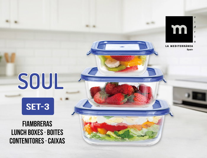 Inde Set 3 Fiambreras Cuadradas "Soul" Mediana, con capacidades de 320ml, 520ml y 800ml (8 Cajas)