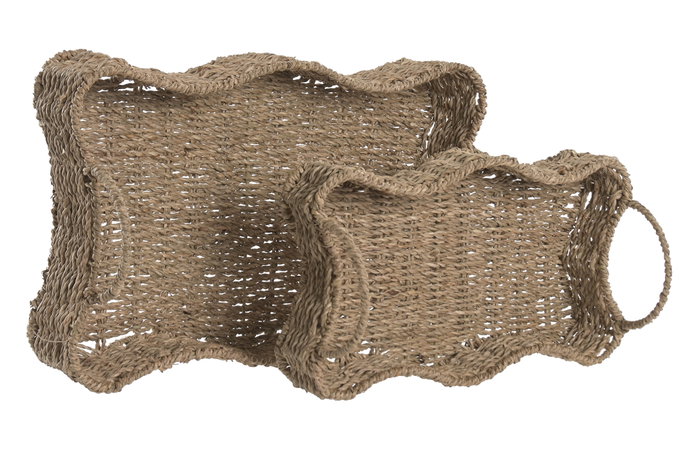 DKD Home Decor Set de 2 Bandejas de Seagrass y Metal Natural 40x26x14 cm