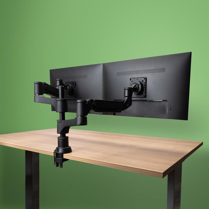 R-Go Tools R-Go Caparo 4 D2, Circular Dual Monitor Arm, Desk Mount, Gas Spring, 3-9kg, Black-Silver, Low Carbon Footprint