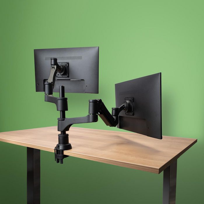 R-Go Tools R-Go Caparo 4 D2, Circular Dual Monitor Arm, Desk Mount, Gas Spring, 3-9kg, Black-Silver, Low Carbon Footprint
