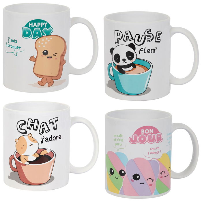 The Concept Factory Mug Cerámica Kawaii 300 Ml Modelos Surtidos Happy Day, Pause, Chat, Bonjour