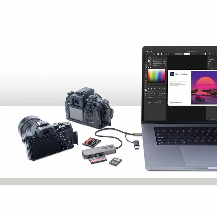 Startech FCREADMICRO3V2 Lector de Tarjetas USB 3.2 Multi-Lector para SD, microSD y CompactFlash con Cable USB-C/USB-A Integrado de 30 cm, Color Gris