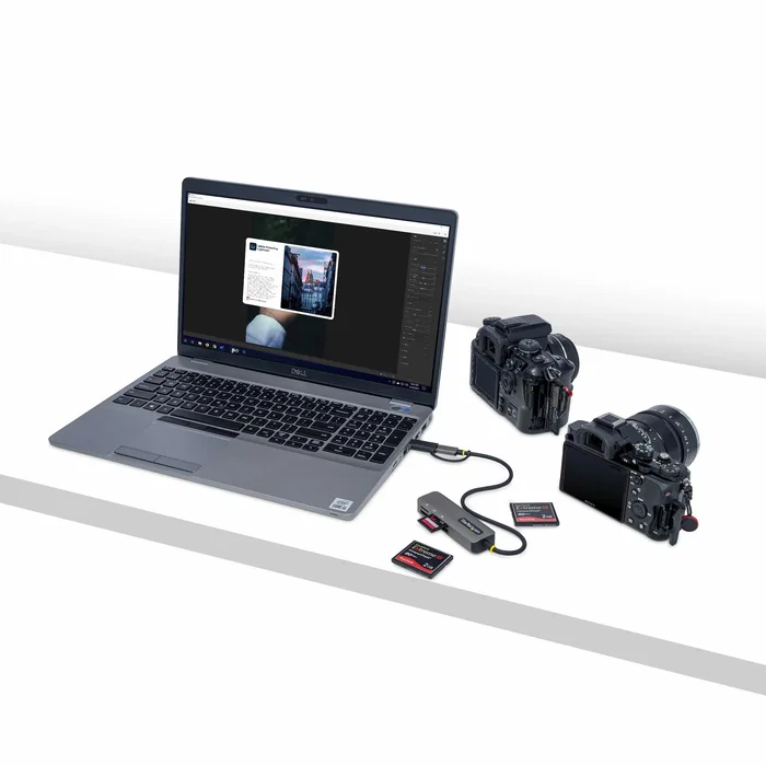 Startech FCREADMICRO3V2 Lector de Tarjetas USB 3.2 Multi-Lector para SD, microSD y CompactFlash con Cable USB-C/USB-A Integrado de 30 cm, Color Gris