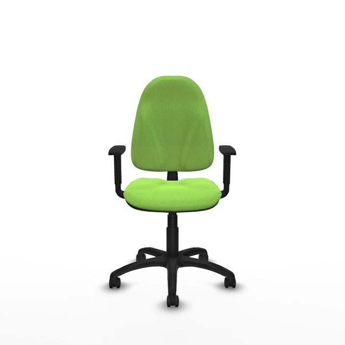 Silla de oficina Algarra con mecanismo Contacto permanente básico tapizada con Tela color Pistacho. Equipada con Base poliamida negra, Brazos 1D y Ruedas de parqué
