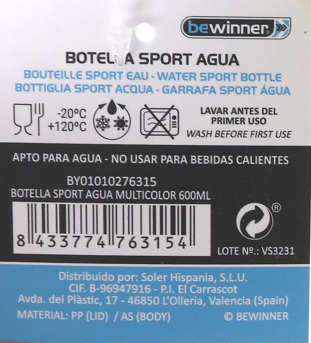 Bewinner Botella Sport Agua Multicolor 600 ml - 8,1 cm Ancho x 20,1 cm Alto x 9,7 cm Largo (12 Unidades)