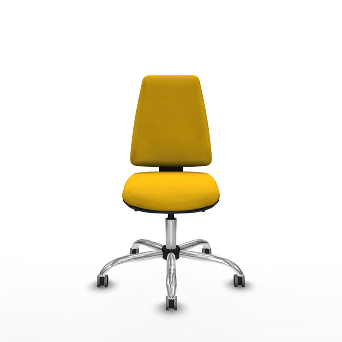 Silla de oficina Elche con mecanismo Asincro tapizada con Tela color Amarillo. Equipada con Base cromada, Sin brazos y Ruedas 65 mm parqué