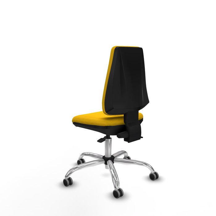 Silla de oficina Elche con mecanismo Asincro tapizada con Tela color Amarillo. Equipada con Base cromada, Sin brazos y Ruedas 65 mm parqué