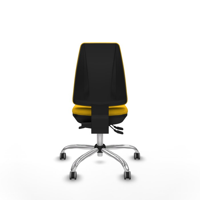 Silla de oficina Elche con mecanismo Asincro tapizada con Tela color Amarillo. Equipada con Base cromada, Sin brazos y Ruedas 65 mm parqué