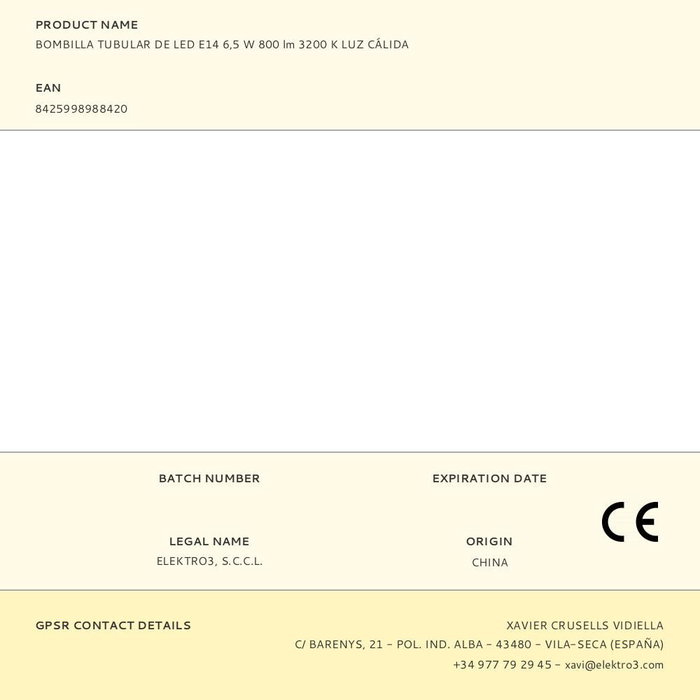 Edm Bombilla Tubular LED E14 6.5W 800lm 3200K Luz Cálida