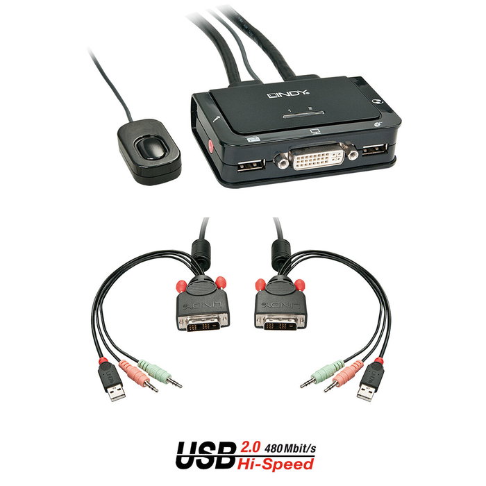 Lindy 42341 Conmutador KVM de 2 puertos DVI-D, USB 2.0 y Audio, Negro