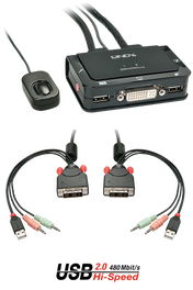 Lindy 42341 Conmutador KVM de 2 puertos DVI-D, USB 2.0 y Audio, Negro