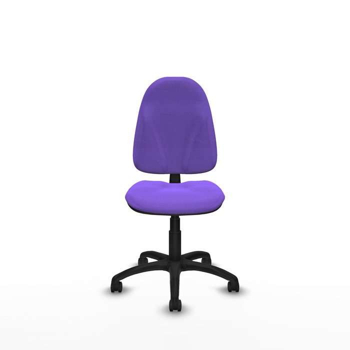 Silla de oficina Algarra con mecanismo Contacto permanente básico tapizada con Tela color Lila. Equipada con Base poliamida negra, Sin brazos y Ruedas autofrenantes