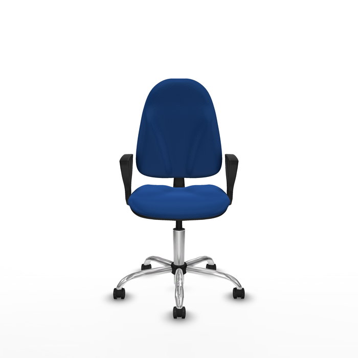 Silla de oficina Algarra con mecanismo Contacto permanente básico tapizada con Similpiel color Azul. Equipada con Base cromada, Brazos fijos y Ruedas de parqué