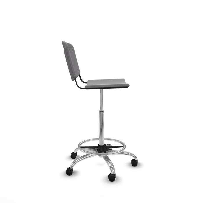 Taburete Robledo con mecanismo Giratorio de PVC color Gris claro. Equipado con Base cromada, Sin brazos y Ruedas autofrenantes