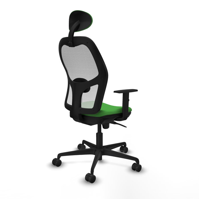 Silla de oficina Jorquera con mecanismo Sincro tapizada con Tela color Verde y malla color Blanco. Equipada con lumbar 1D, Brazos 1D, Cabecero Fijo y Ruedas 65mm nailon