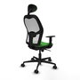 Silla de oficina Jorquera con mecanismo Sincro tapizada con Tela color Verde y malla color Blanco. Equipada con lumbar 1D, Brazos 1D, Cabecero Fijo y Ruedas 65mm nailon