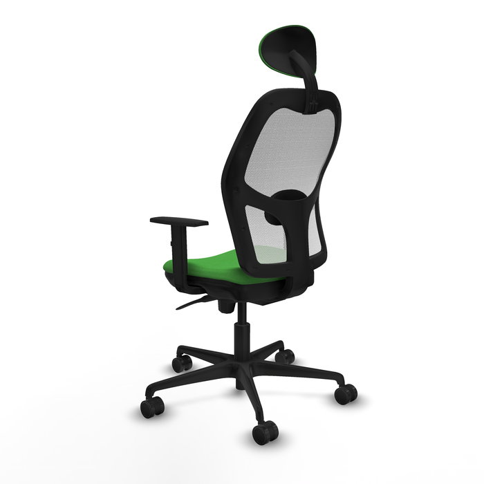 Silla de oficina Jorquera con mecanismo Sincro tapizada con Tela color Verde y malla color Blanco. Equipada con lumbar 1D, Brazos 1D, Cabecero Fijo y Ruedas 65mm nailon