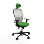 Silla de oficina Jorquera con mecanismo Sincro tapizada con Tela color Verde y malla color Blanco. Equipada con lumbar 1D, Brazos 1D, Cabecero Fijo y Ruedas 65mm nailon