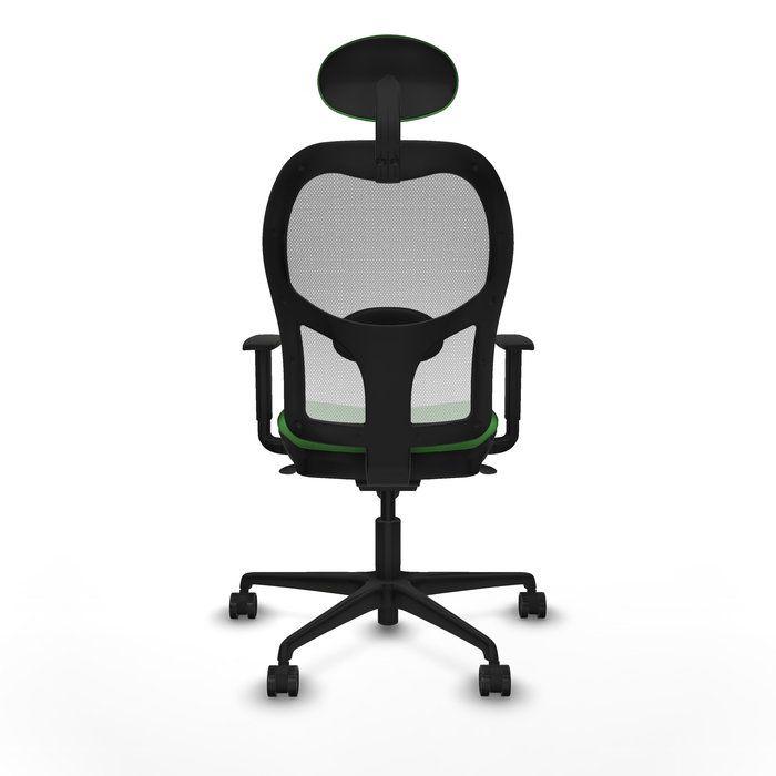 Silla de oficina Jorquera con mecanismo Sincro tapizada con Tela color Verde y malla color Blanco. Equipada con lumbar 1D, Brazos 1D, Cabecero Fijo y Ruedas 65mm nailon